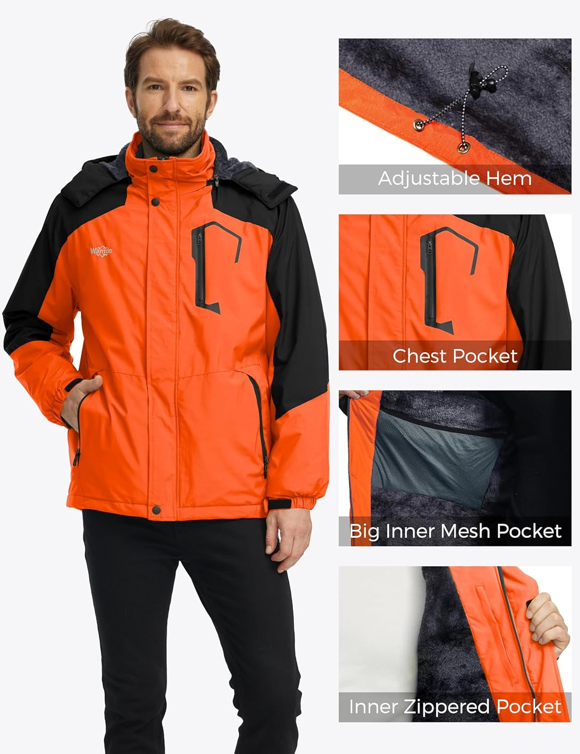 Men'S Mountain Waterproof Ski Jacket Windproof Rain Jacket Winter Warm Hooded Coat