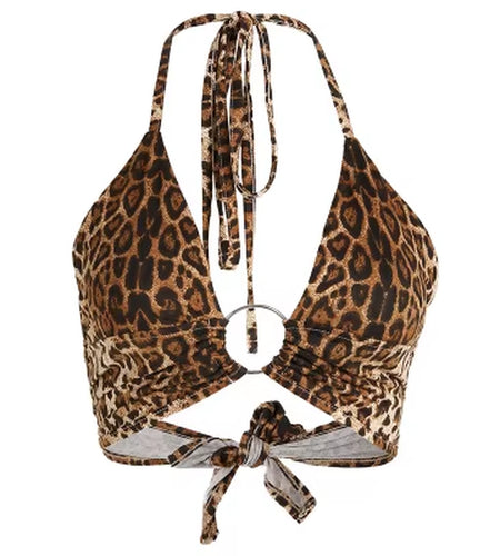 Leopard Printed Sexy Halter Crop Top Women Camis Backless Bandage Lace up Sequins Metal Ring Tank Top 2020 Party Club Bustier