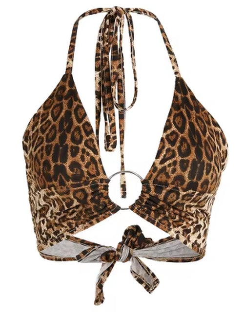 Load image into Gallery viewer, Leopard Printed Sexy Halter Crop Top Women Camis Backless Bandage Lace up Sequins Metal Ring Tank Top 2020 Party Club Bustier
